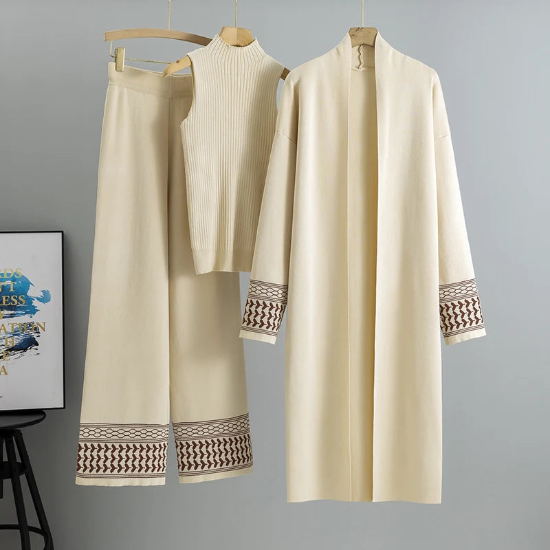 Plaid 3-Piece Set – Elegant Knit Top & Wide-Leg Pants