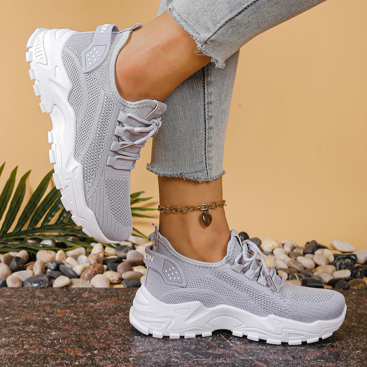 Women's Chunky Dad/Mom Sneakers 4cm Heightening Knit Mesh Breathable Non-Slip Lace Up Casual Athletic Trainers