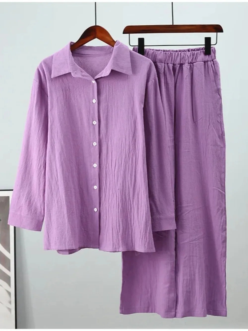 Women Muslim Set Wide Leg Pants Set Two Piece Set Cotton Linen Buttons Shirt Suit Ramadan Eid Dubai Ensemble Arabic Outfits