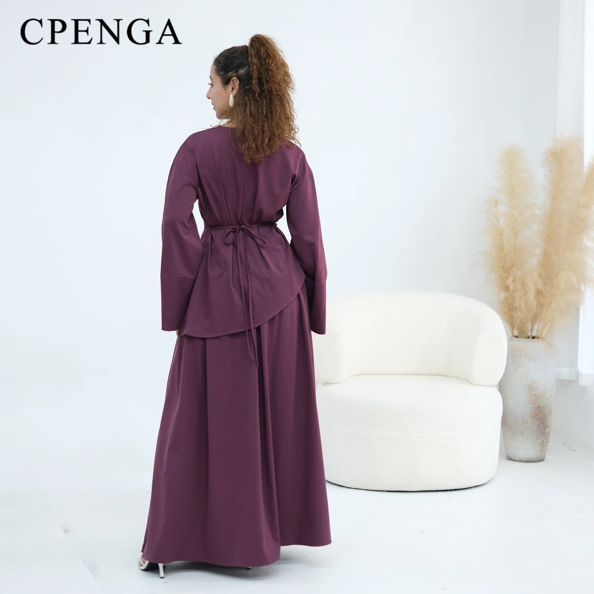 Elegant Women's 2 Piece Abaya Set Muslim Clothing Long Sleeve Top and Pleated Skirt Islamic Traditional Matching Turkey Outfit