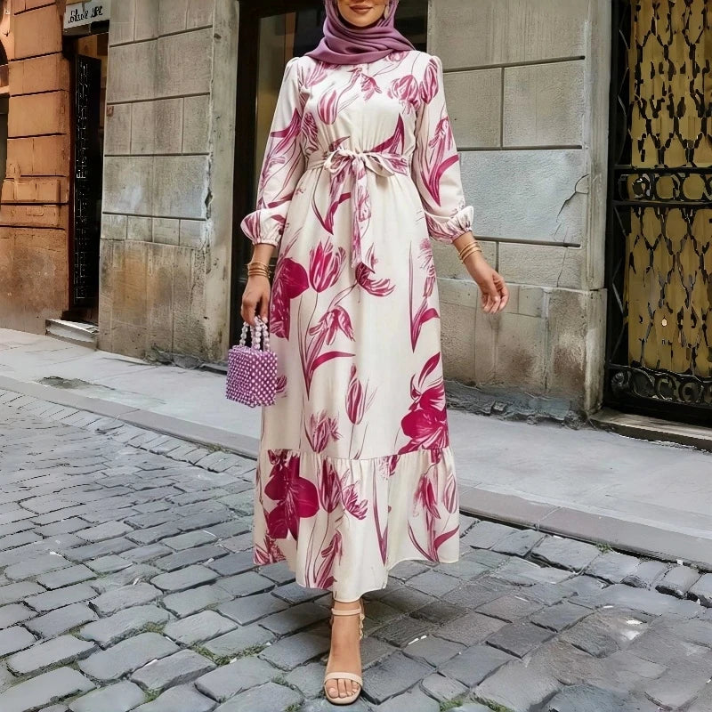 Floral Print Round Neck Ruffle Hem Modest Maxi Dress