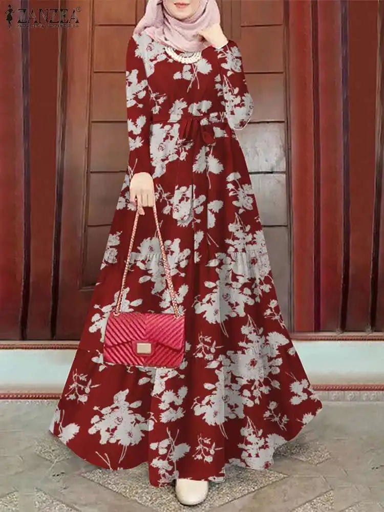Floral Bohemian Tiered Belted Abaya Maxi Dress