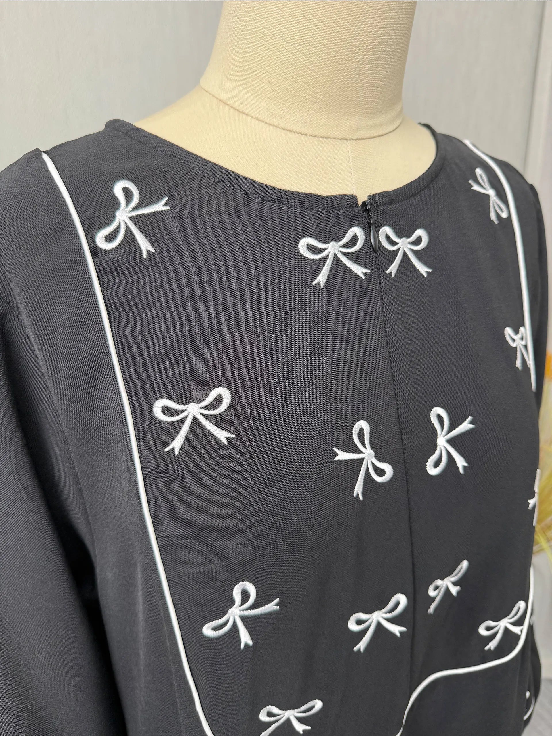 Black Abaya with White Bow Embroidery