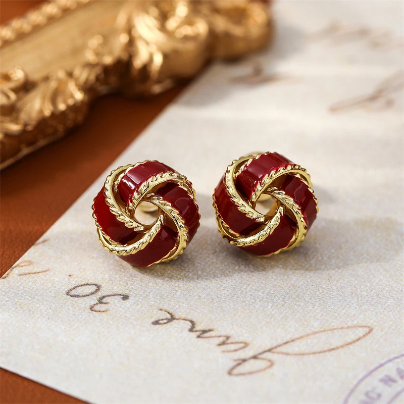 Wine Red Pearl Flower Stud Earrings