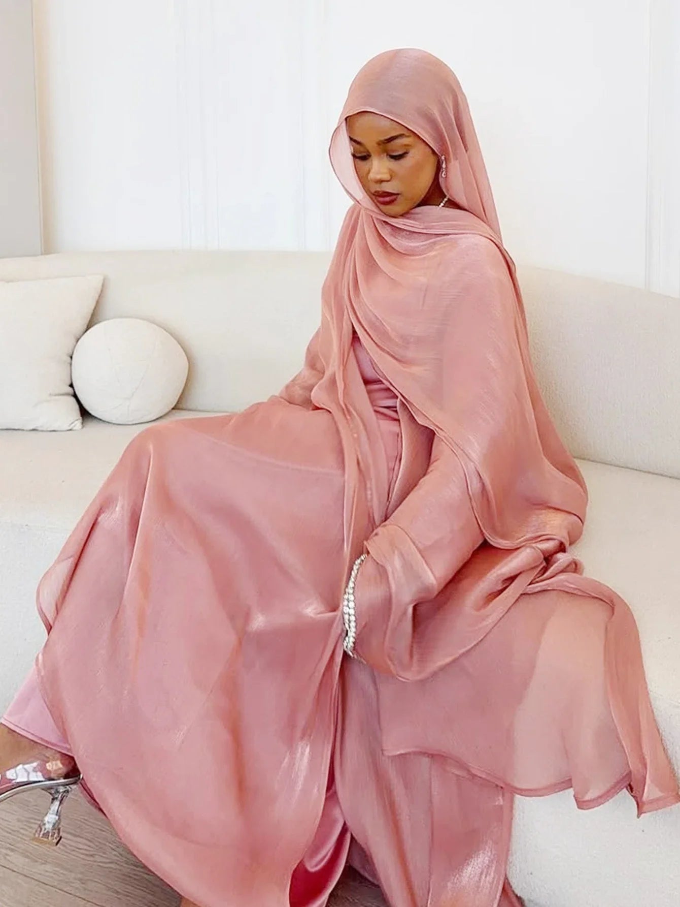 Beading Sleeve Cardigan Abaya with Scarf