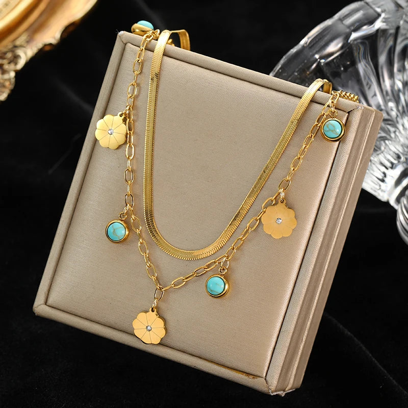 Green Stone Multilayer Pendant Necklace