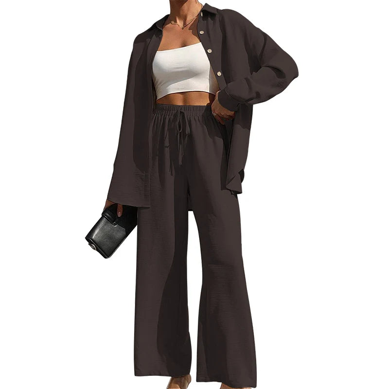 Button Shirt & Wide Leg Pants Two-Piece Set