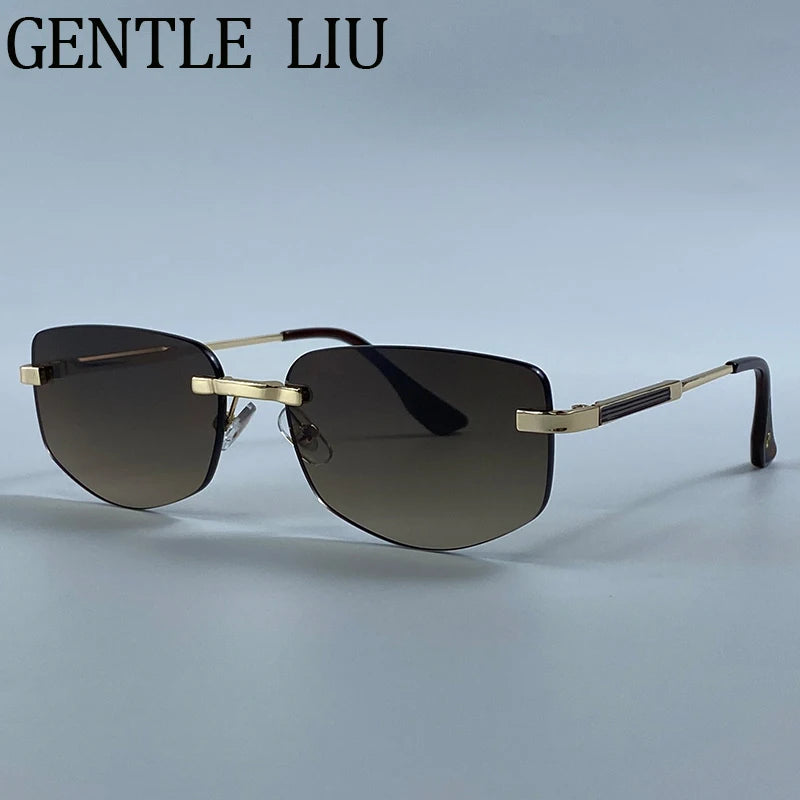 Steampunk Rimless Polygon Sunglasses Women 2026 Luxury Brand Classic Geometric Sun Glasses Metal Driving Fashion Eyewear Shades