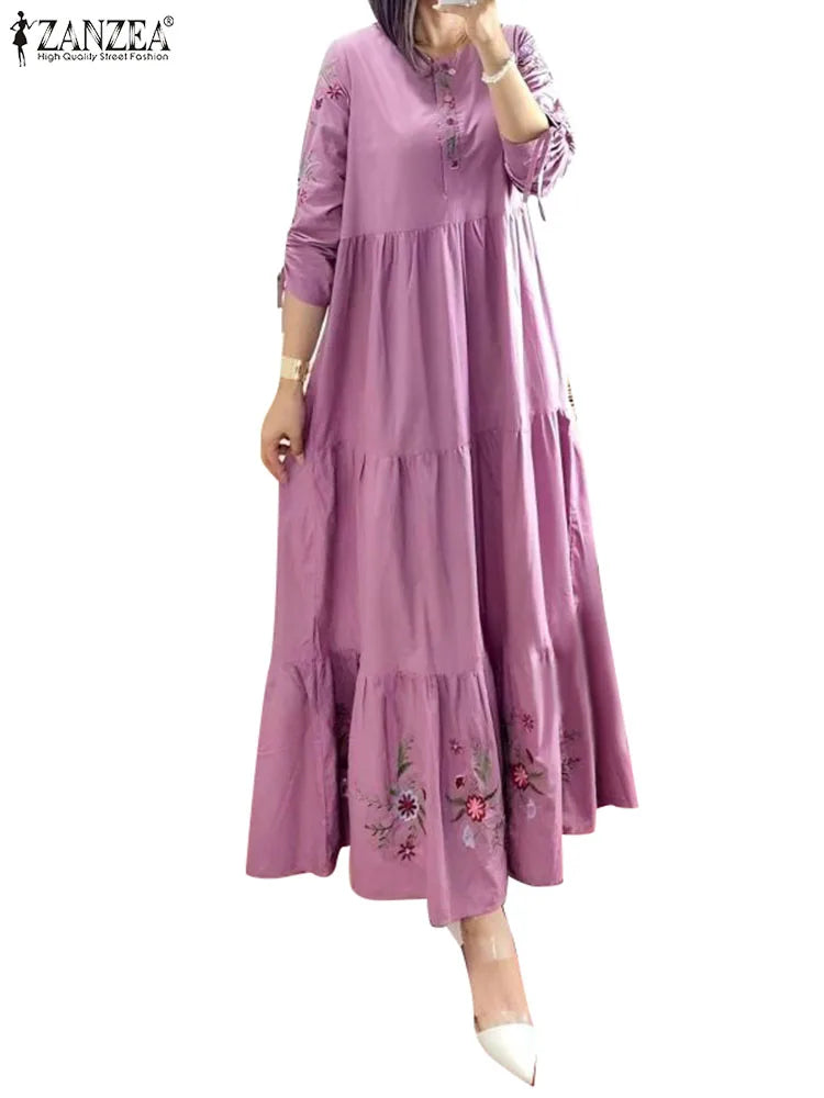 Floral Print 3/4 Sleeve Loose Kaftan Maxi Dress