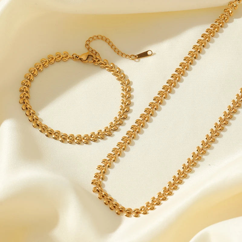 EILIECK 316L Stainless Steel Metal Gold Color Wheat Chain Necklace Bracelets Set For Women Trendy Waterproof Jewelry Lady Gift