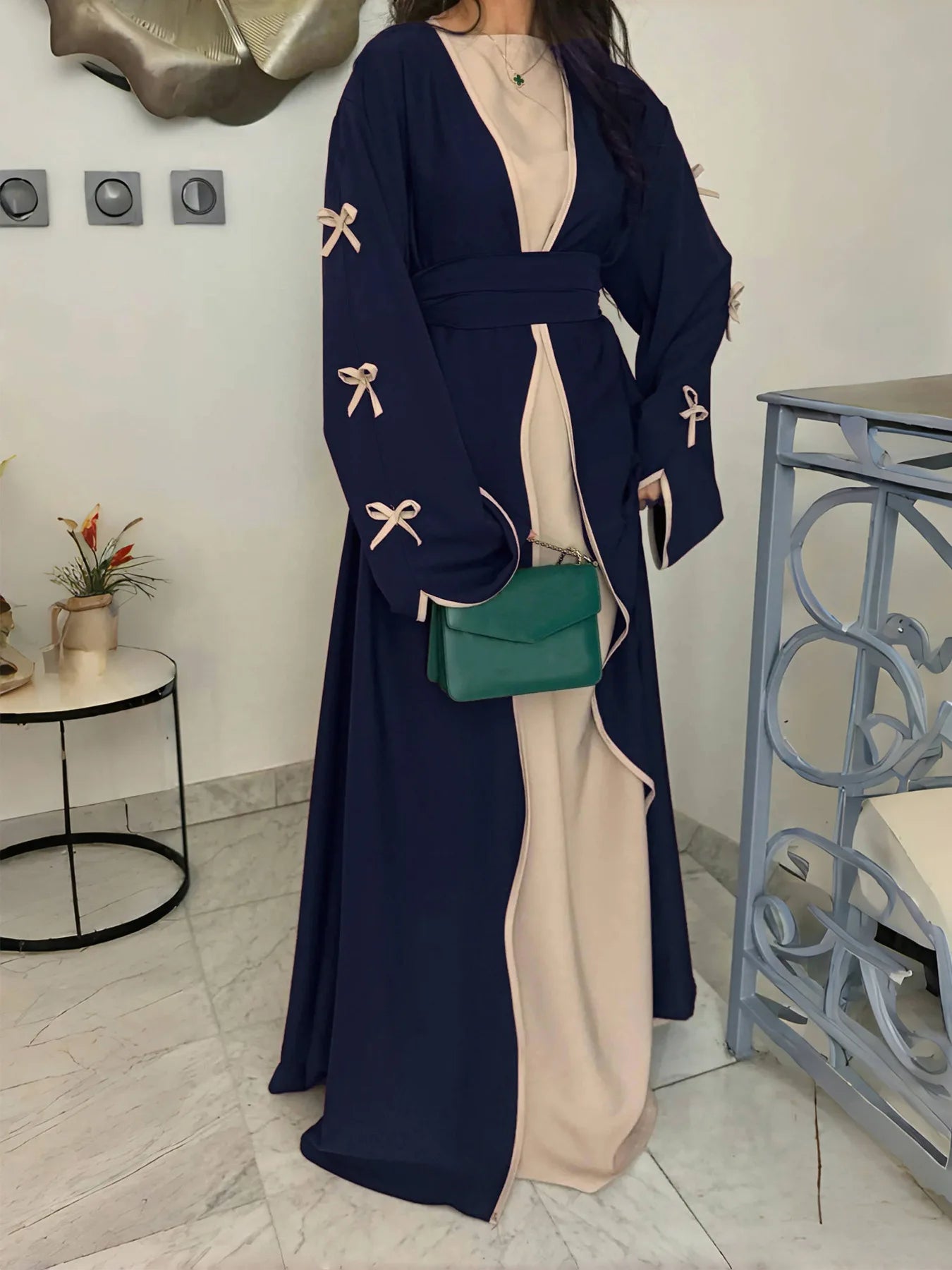 Bow Lace-Up Floral Kaftan Abaya Dress