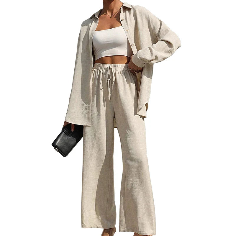 Button Shirt & Wide Leg Pants Two-Piece Set