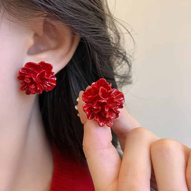 Wine Red Pearl Flower Stud Earrings