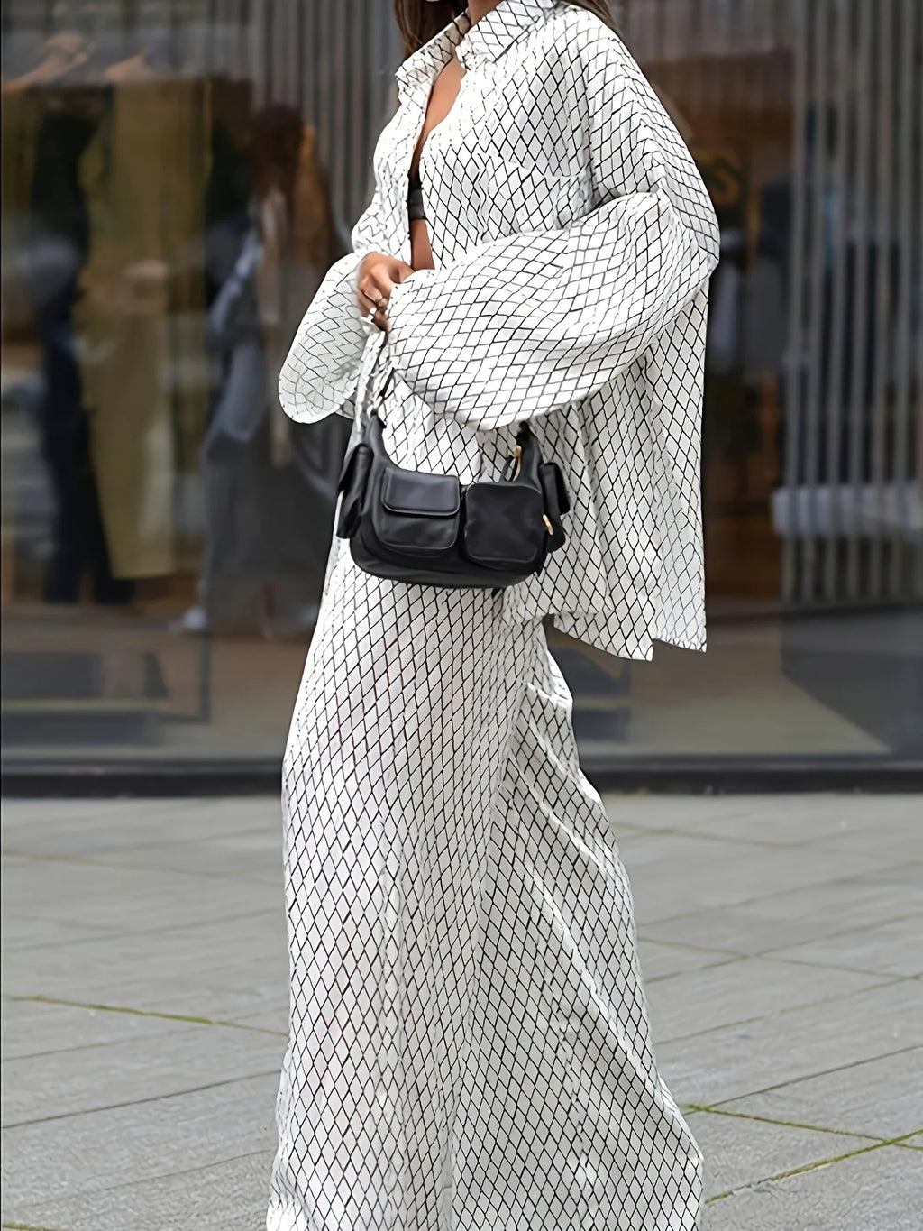Geometric Print Shirt & Wide Leg Pants Set