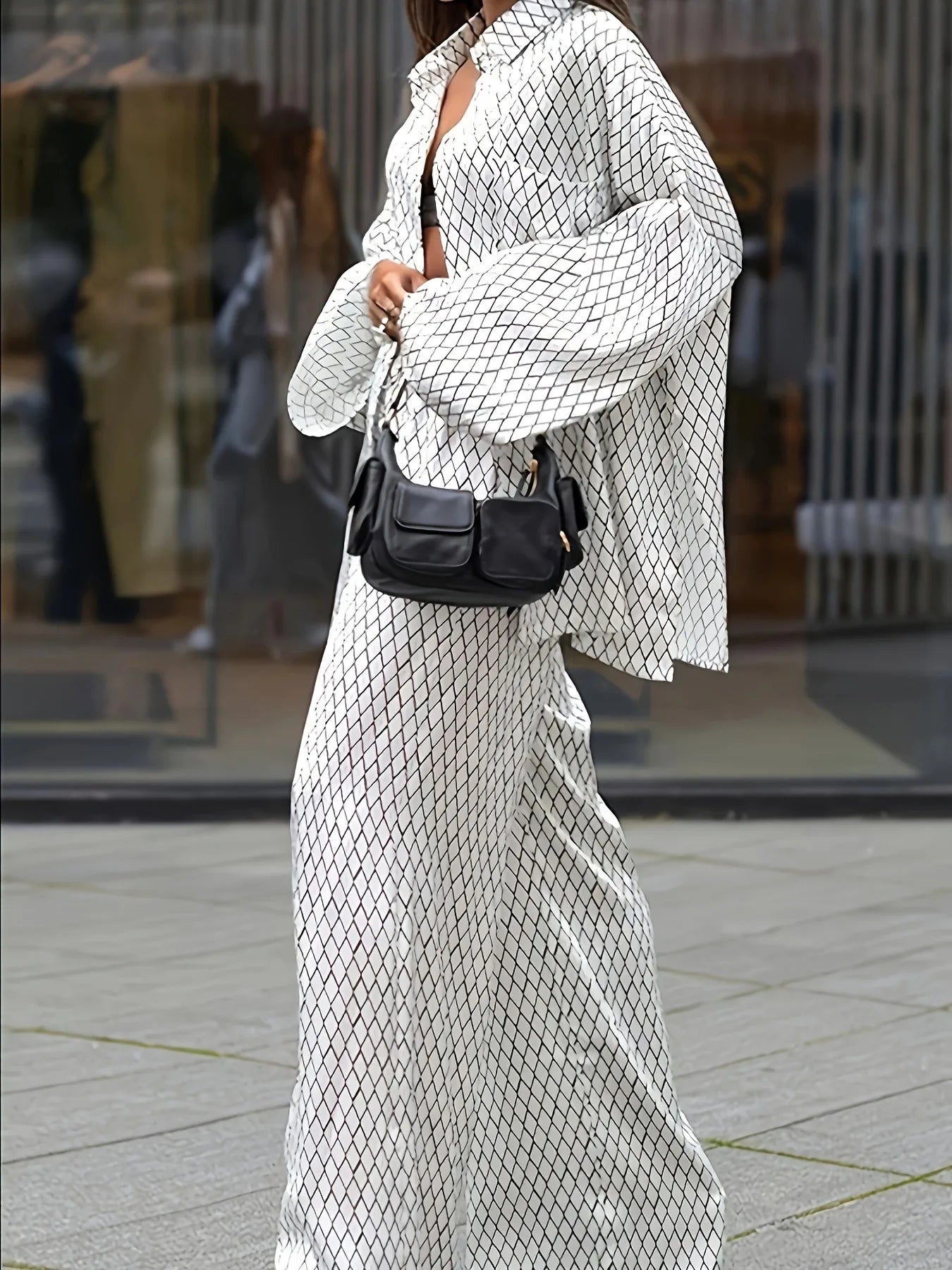 Geometric Print Shirt & Wide Leg Pants Set