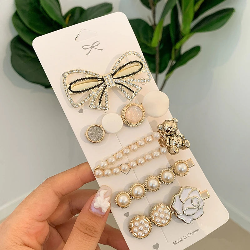 Handmade Pearl & Rhinestone Flower Hair Clips Set