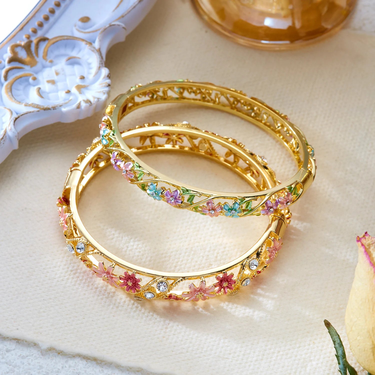 Enamel Flower Copper Bangle Bracelet