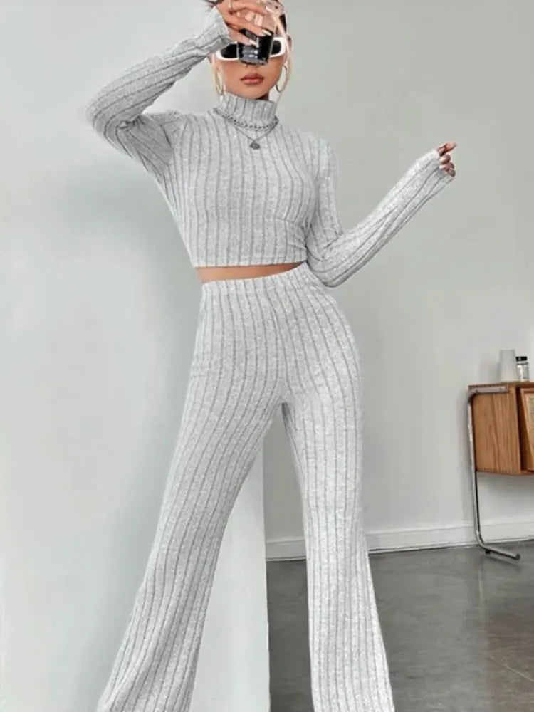 Stand Collar Crop Top & Flared Pants Set