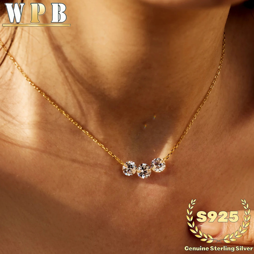 S925 Silver Triple Zircon Sliding Necklace