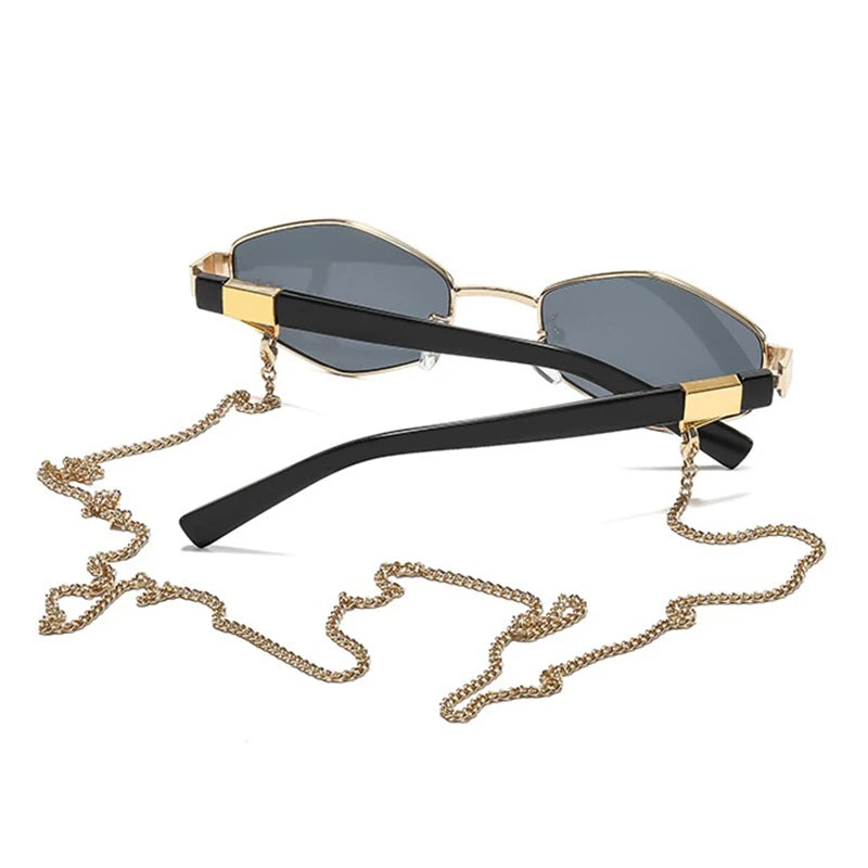 Fashionable Polygonal Metal Sunglasses For Women, Retro Personalized Street Style Sunglasses, Outdoor Casual Chain Sunglasses