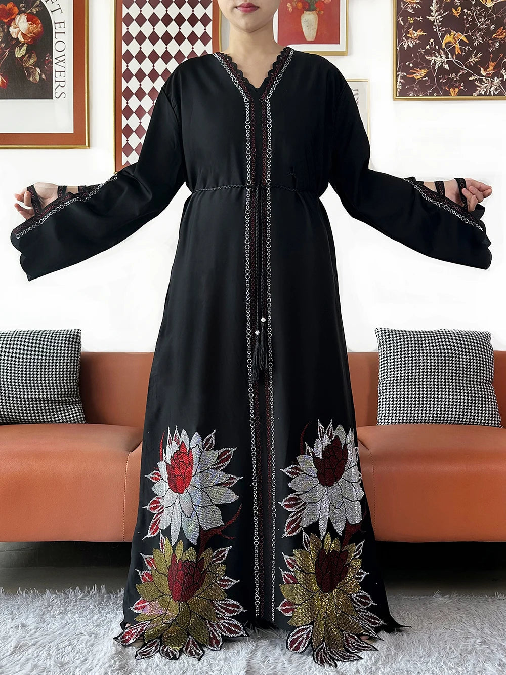 Chiffon Diamond Long Sleeve Abaya Dress
