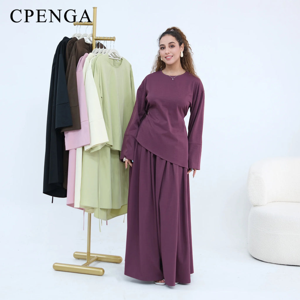 Elegant Women's 2 Piece Abaya Set Muslim Clothing Long Sleeve Top and Pleated Skirt Islamic Traditional Matching Turkey Outfit