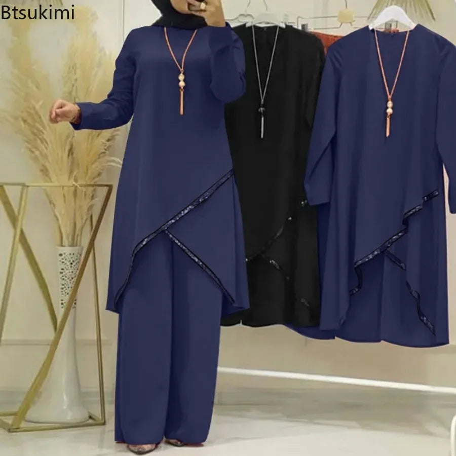 Women Muslim Wide Leg Pants Sets Fashion Sequins Islamic Clothing Loose Matching Sets Tracksuit Long Sleeve Blouse Abaya Suits