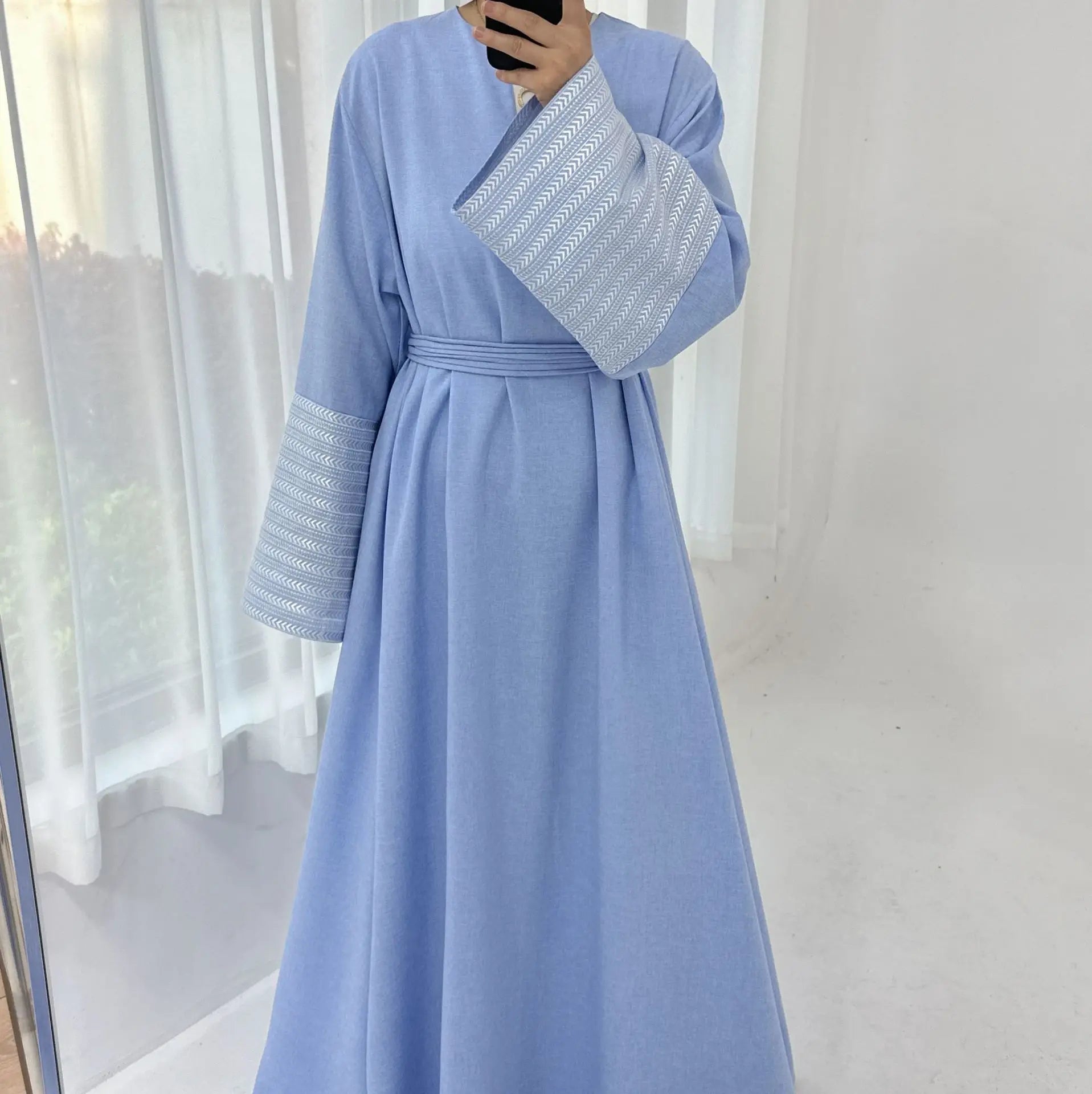 Palestine Embroidery Belted Linen Abaya
