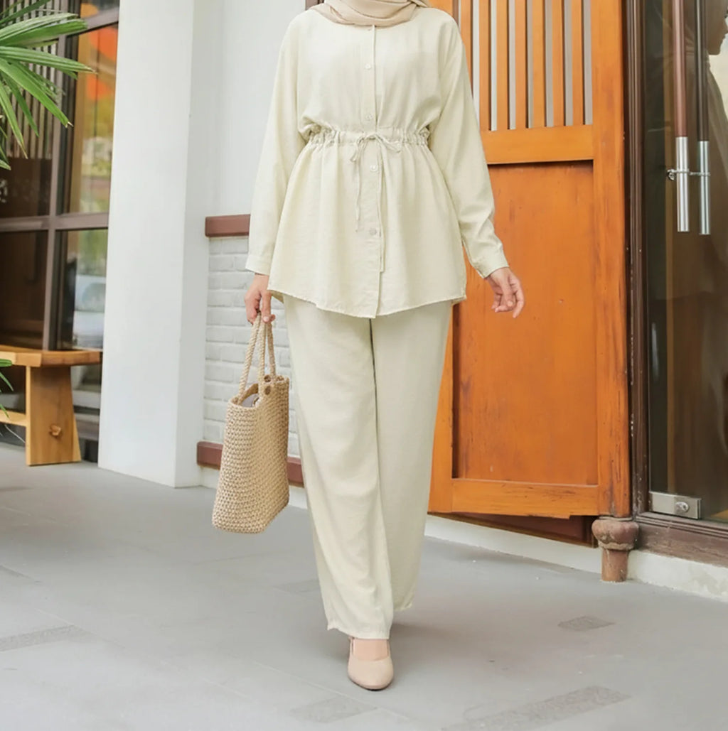 Shirts Suit Women Eid Shirt Wide Leg Pants 2 Piece Set Muslim Morocco Top Trousers Outfits Drawstring Ramadan Dubai Ensemble