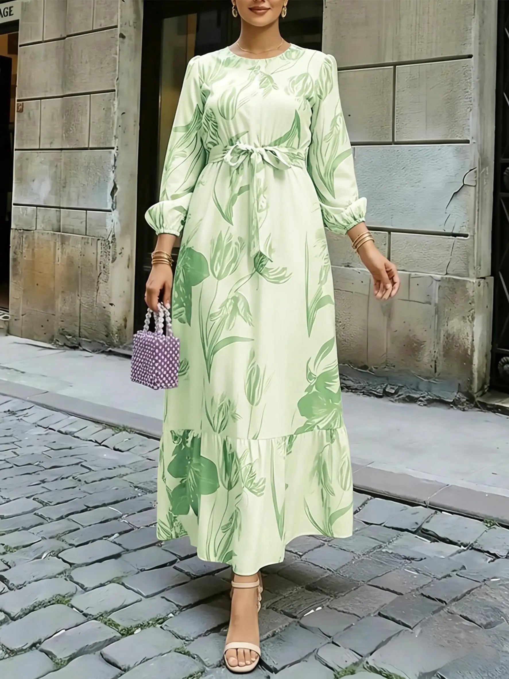 Floral Lantern Sleeve Long-Sleeve Maxi Dress