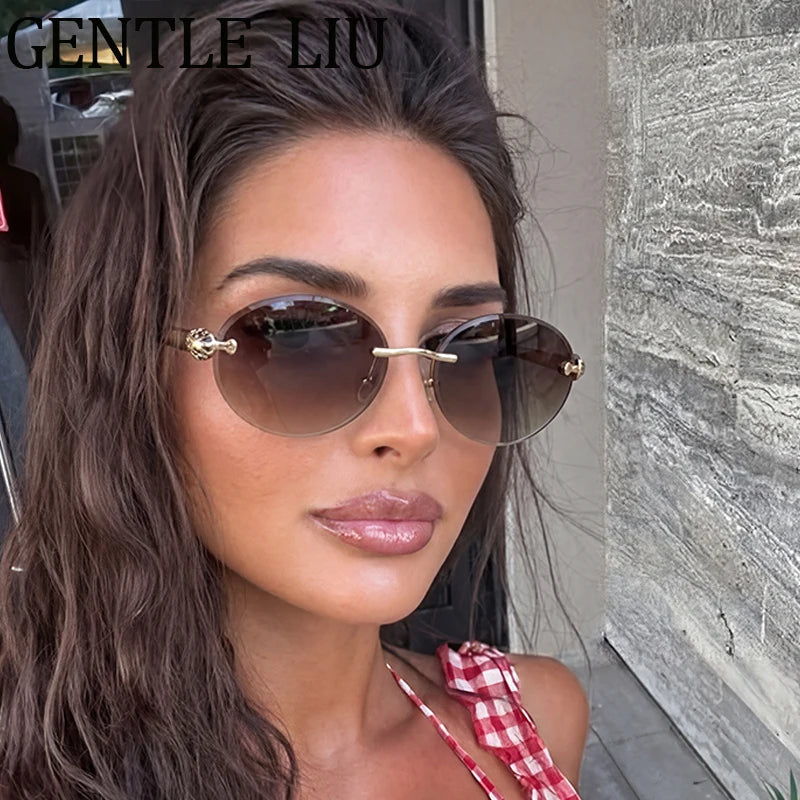 Steampunk Oval Rimless Sunglasses Women 2026 Luxury Brand Vintage Leopard Head Metal Frame Sun Glasses For Lady Driving Eyewear