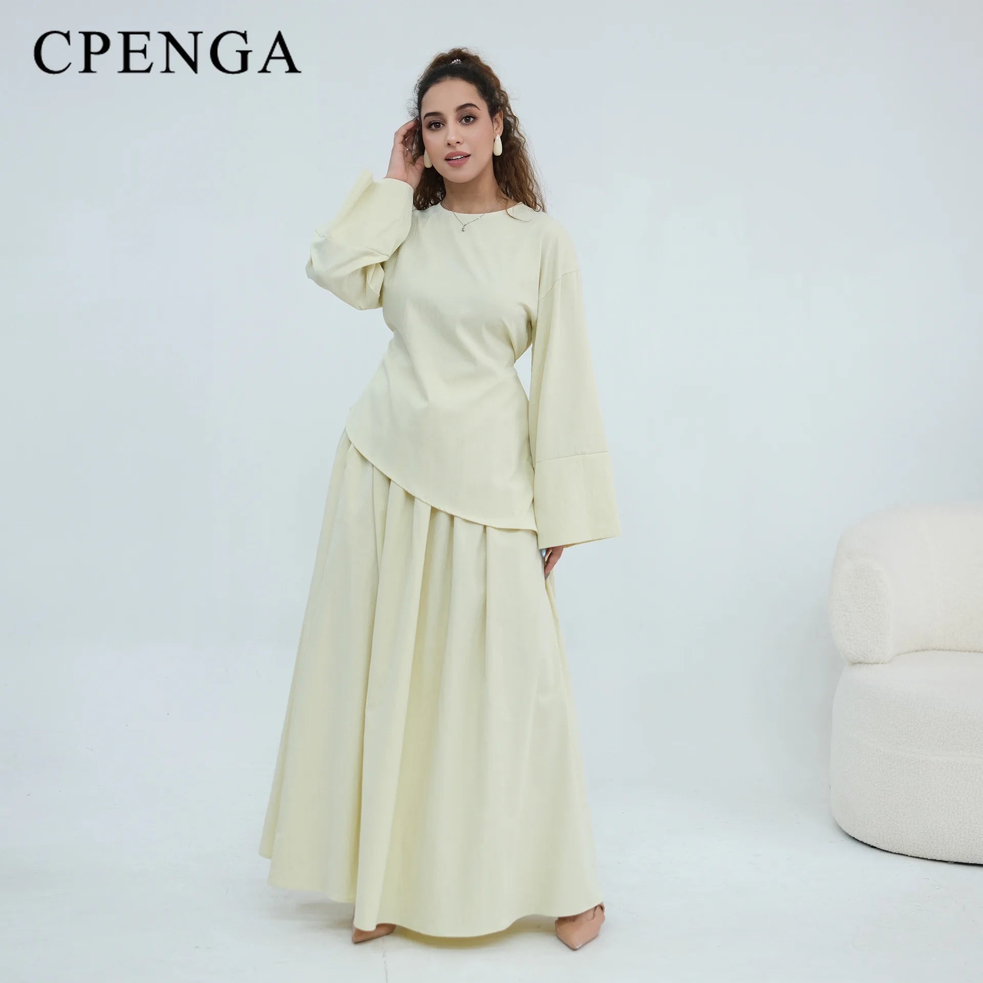 Elegant Women's 2 Piece Abaya Set Muslim Clothing Long Sleeve Top and Pleated Skirt Islamic Traditional Matching Turkey Outfit