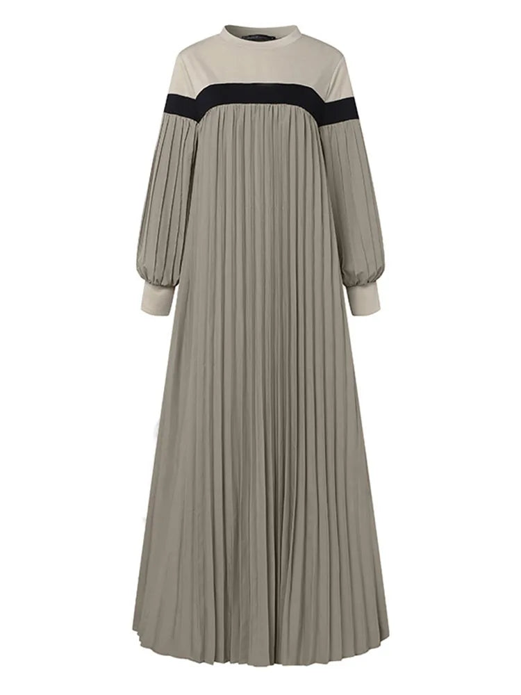 Lantern Sleeve Patchwork Pleated Abaya Maxi Dress