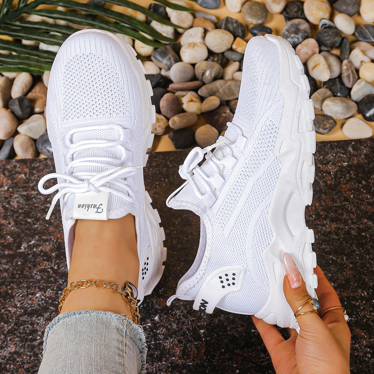 Women's Chunky Dad/Mom Sneakers 4cm Heightening Knit Mesh Breathable Non-Slip Lace Up Casual Athletic Trainers
