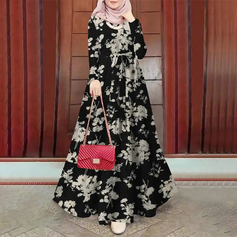 Floral Bohemian Tiered Belted Abaya Maxi Dress