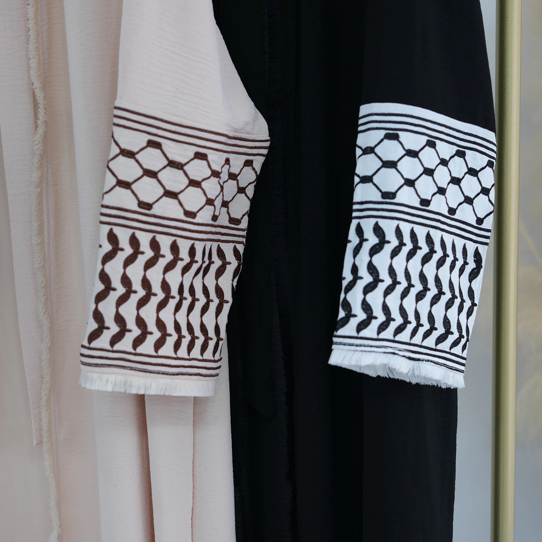 Black & White Embroidery Tassel Kimono Abaya
