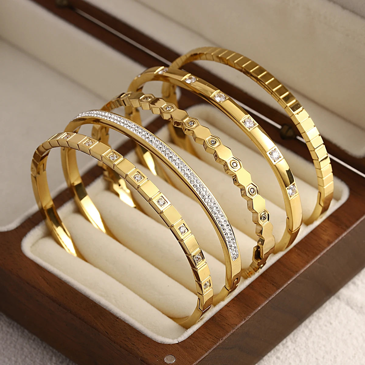 Cubic Zirconia Gold Stainless Steel Bangle