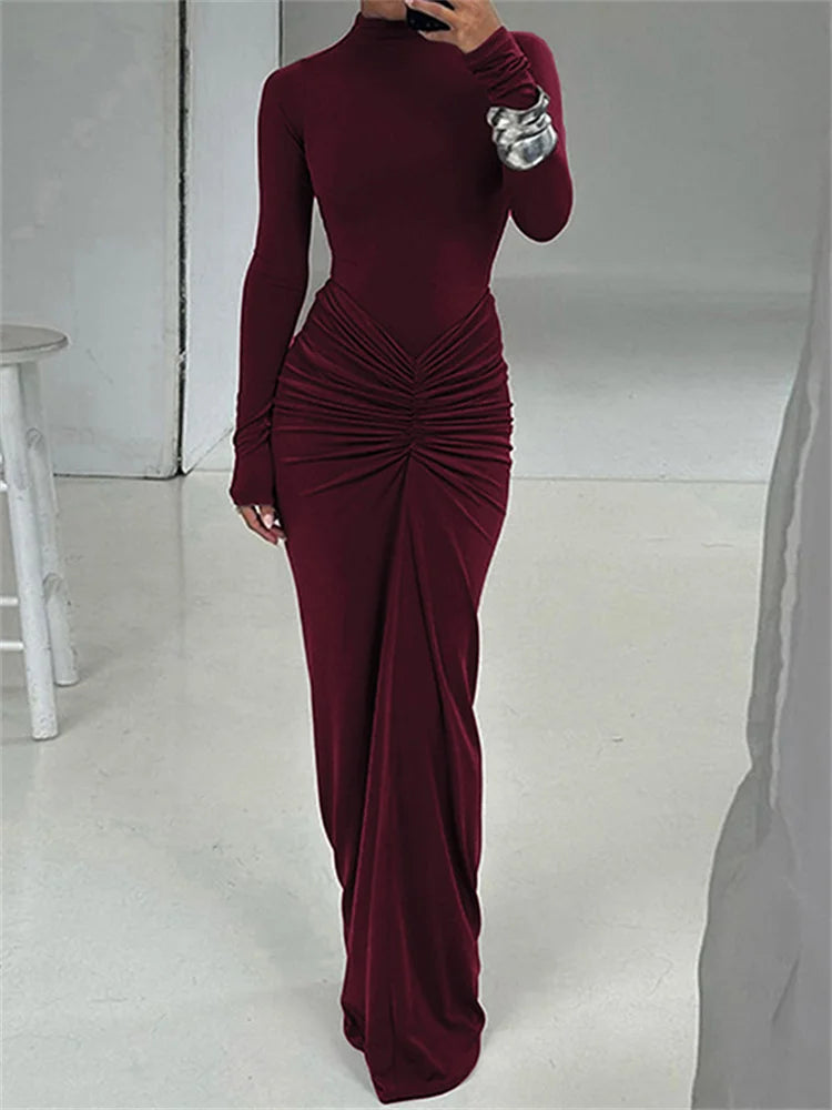 Long Sleeve Ruched Bodycon Maxi Dress
