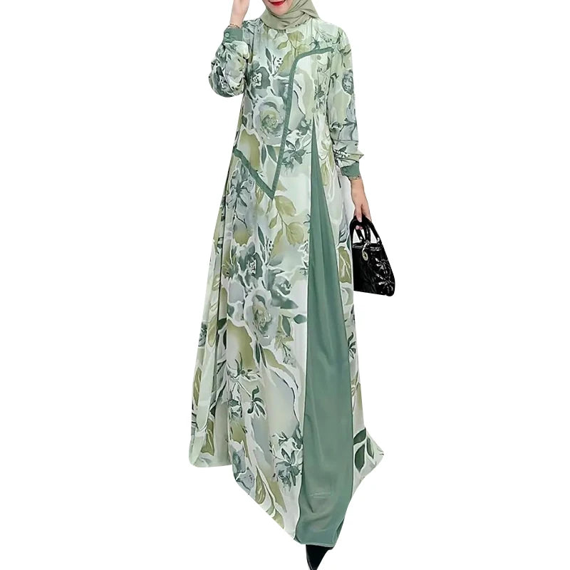 Patchwork Vintage Long Sleeve Printed Abaya Maxi Dress