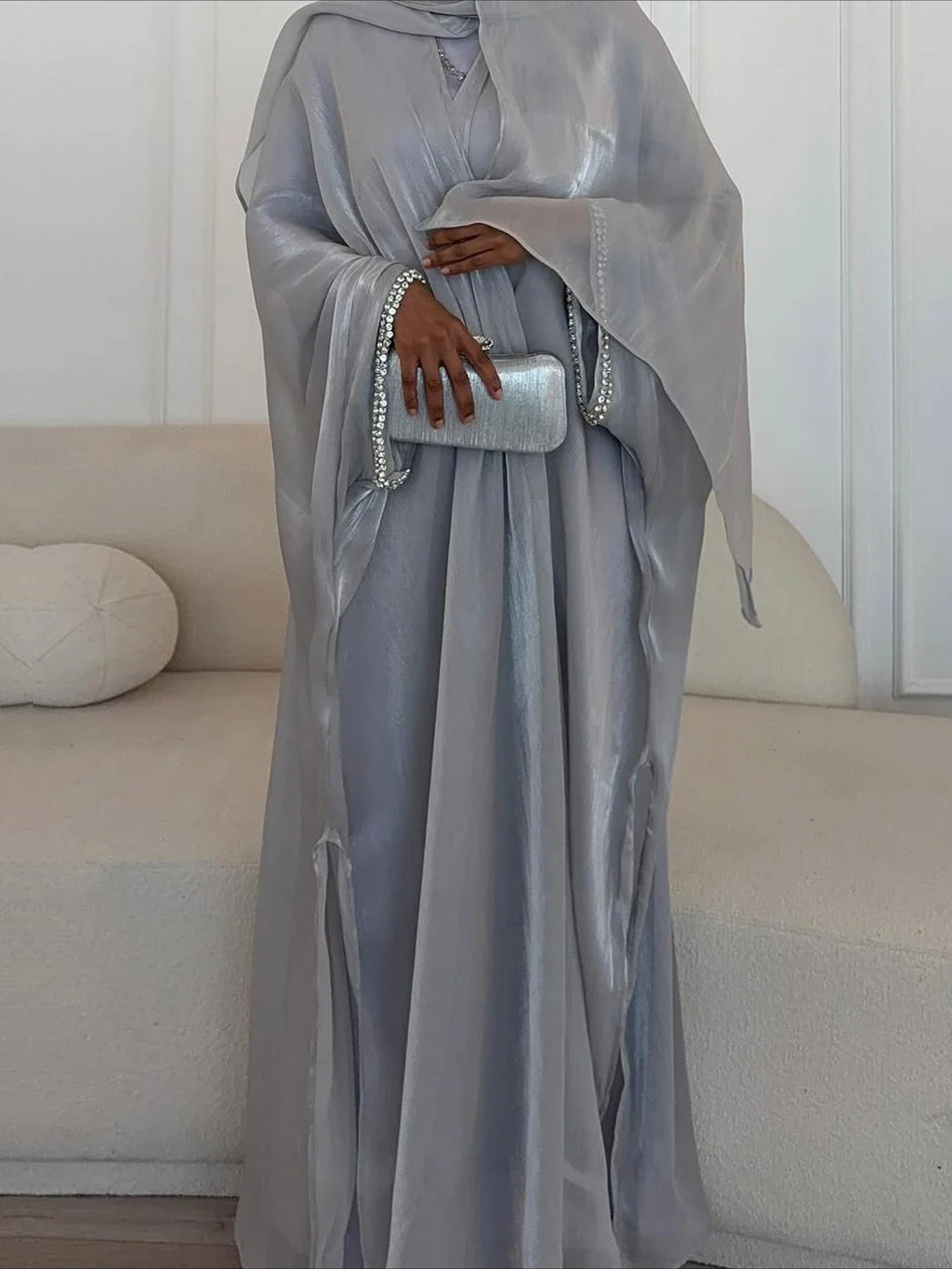Beading Sleeve Cardigan Abaya with Scarf