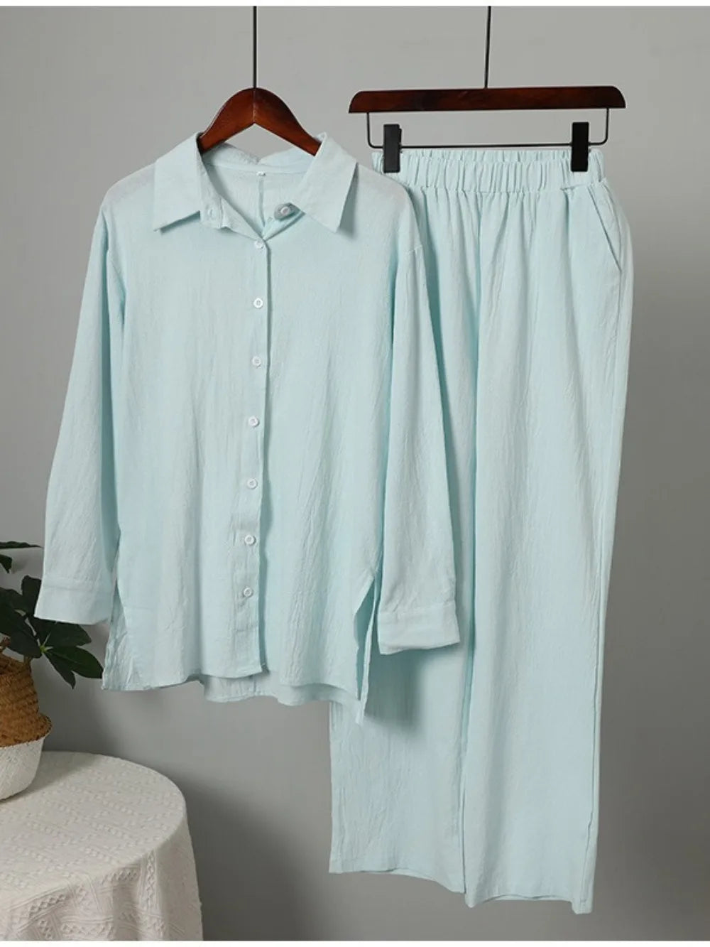 Women Muslim Set Wide Leg Pants Set Two Piece Set Cotton Linen Buttons Shirt Suit Ramadan Eid Dubai Ensemble Arabic Outfits
