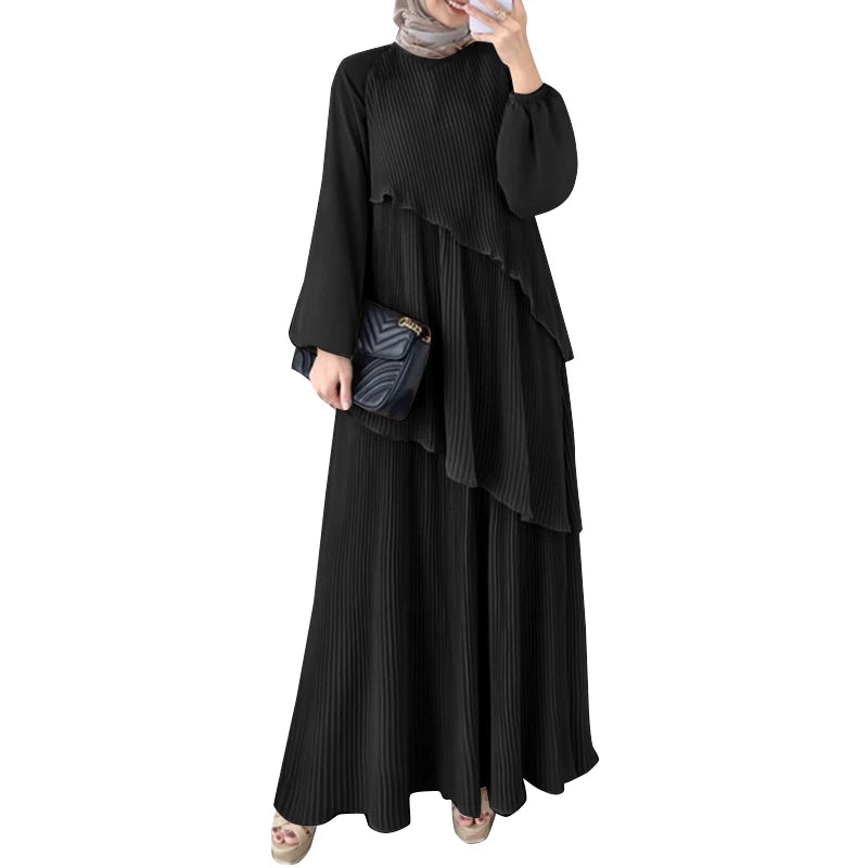 Layered Plissé Lantern Sleeve Abaya Maxi Dress