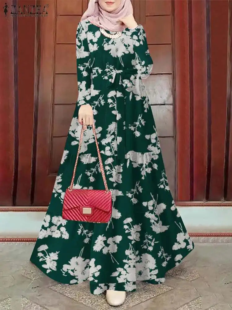 Floral Bohemian Tiered Belted Abaya Maxi Dress