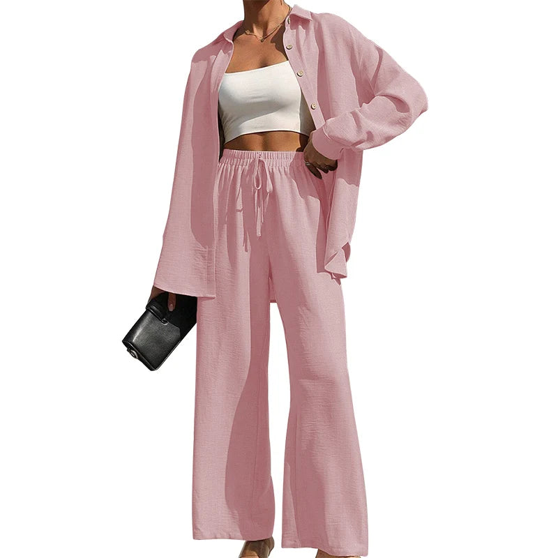 Button Shirt & Wide Leg Pants Two-Piece Set