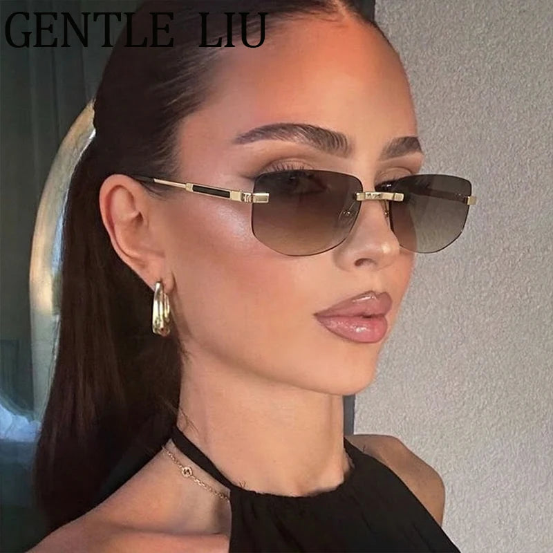Steampunk Rimless Polygon Sunglasses Women 2026 Luxury Brand Classic Geometric Sun Glasses Metal Driving Fashion Eyewear Shades
