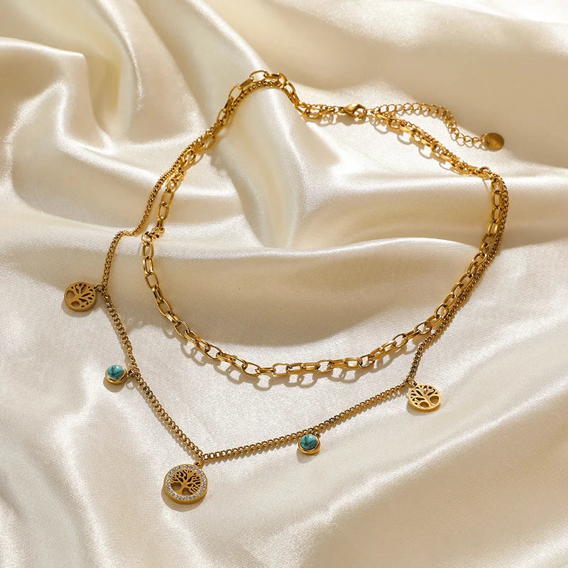 Green Stone Multilayer Pendant Necklace