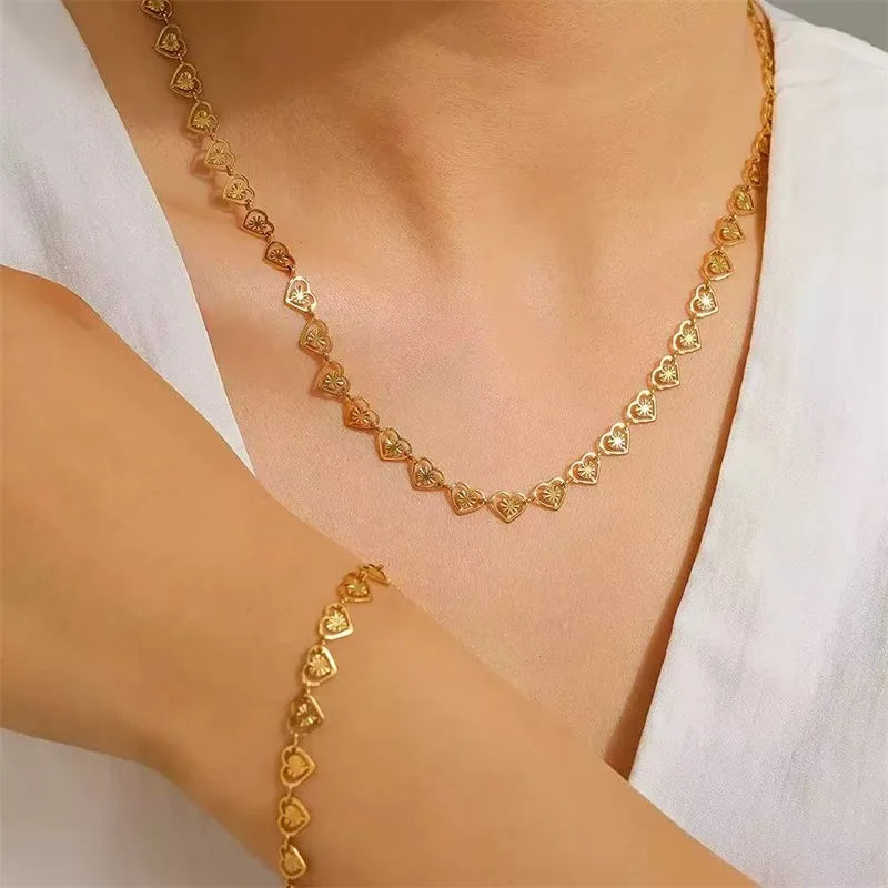 Gold Heart Necklace Bracelet & Earrings Set