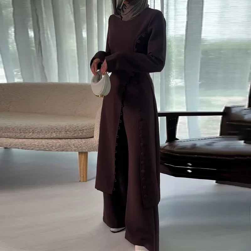 Two Piece Set Women Long Robe Top Wide Leg Pants Suit Ramadan Morocco Dubai Islam Casual Ensemble Femme Muslim Arabic Outfits