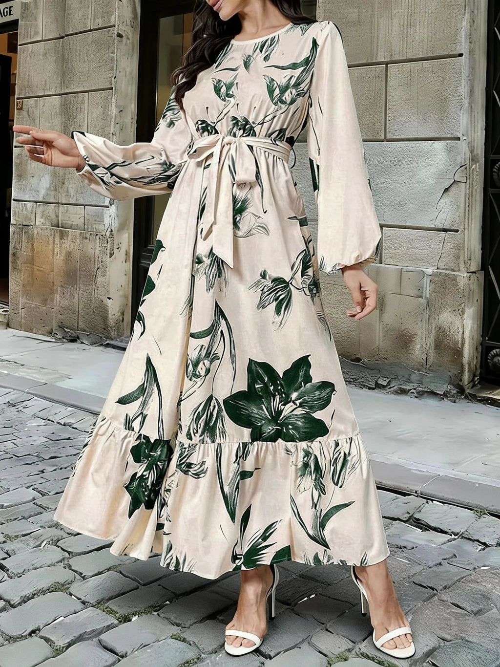 Floral Lantern Sleeve Long-Sleeve Maxi Dress