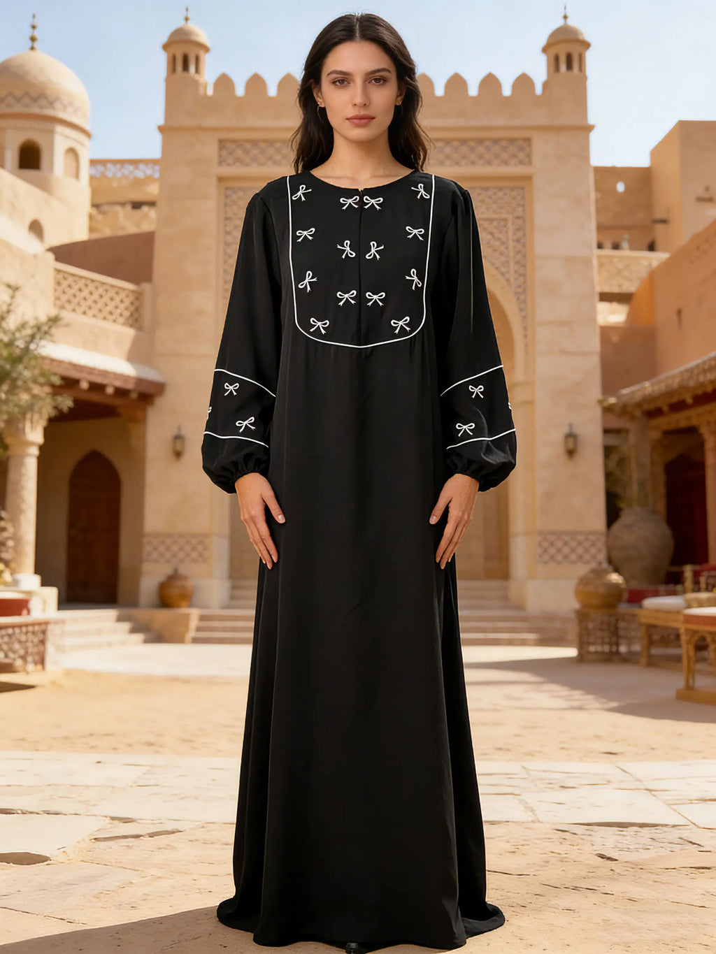 Black Abaya with White Bow Embroidery